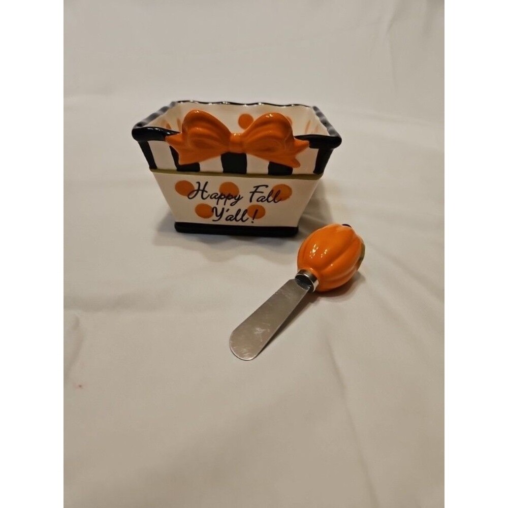 Youngs Inc Heartfelt Autumn “Happy Fall Y'all” 5" Dip Bowl & Spreader Set EUC